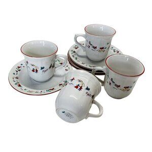 Farberware Christmas ’95 Bone China Cup & Saucer Set of 4 Holiday Red Trim